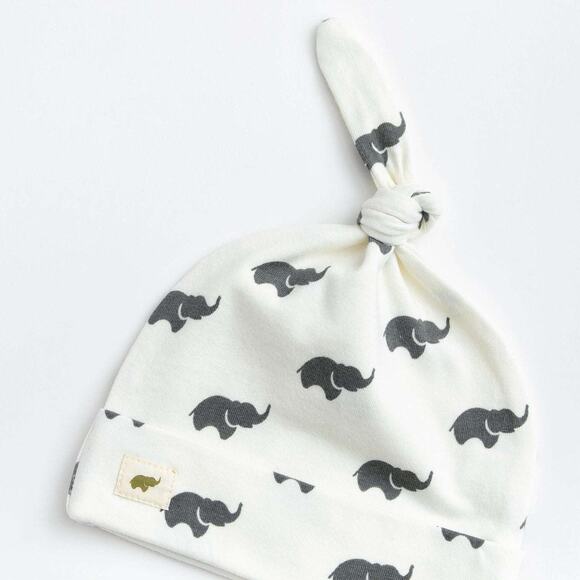 Monica + Andy Baby White & Gray Elephant Print Cotton Adjustable Top Knot Cap - Picture 1 of 6
